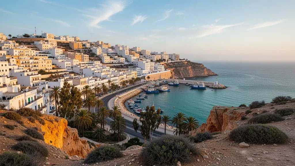 Mostaganem corniche at golden hour overlooking the Mediterranean harbour and whitewashed hillside town in Algeria