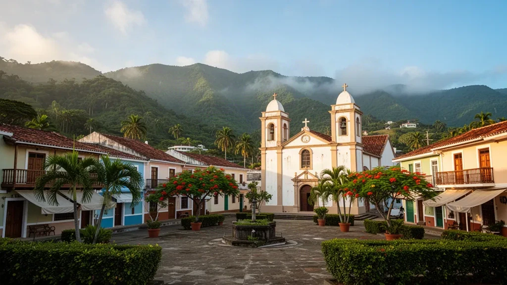 Plaza del pueblo de Villalba en Puerto Rico con su iglesia parroquial blanca, edificios de colores pastel y las montañas de la Cordillera Central a la hora dorada