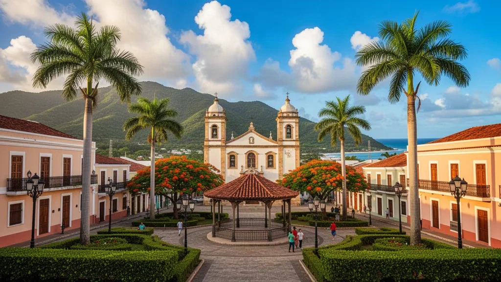 Pastel colonial buildings and the historic San Antonio de Padua church beside the sunny town plaza in Yabucoa, Puerto Rico