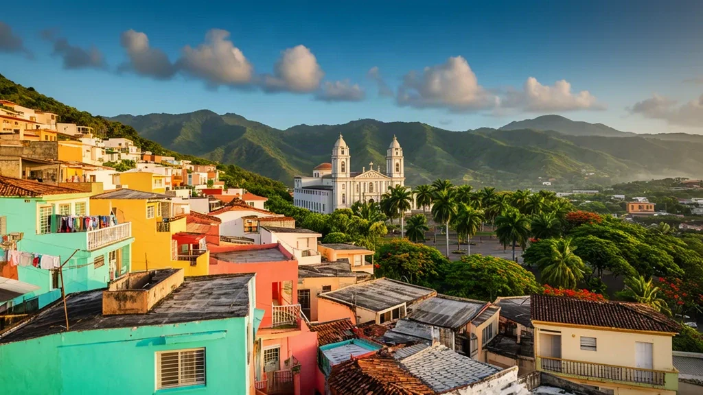 Colourful hillside houses of Yauco, Puerto Rico, with the town church, palms and green mountains in warm afternoon light