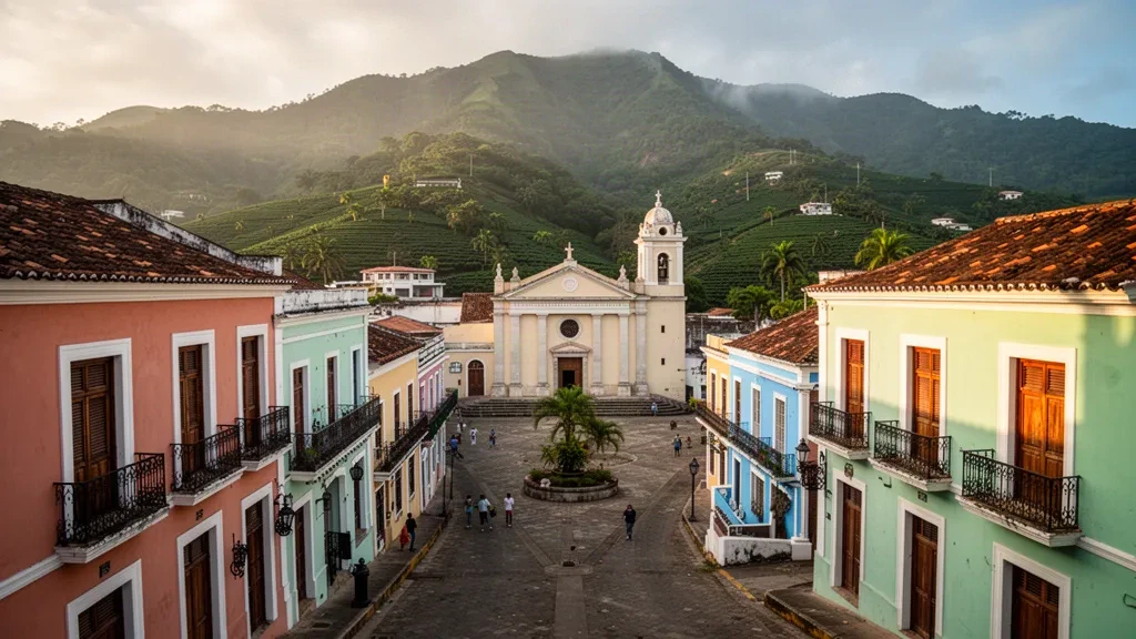 Edificios coloniales en tonos pastel y la plaza del pueblo de Yauco, Puerto Rico, enmarcados por las verdes montañas de la Cordillera Central a la hora dorada