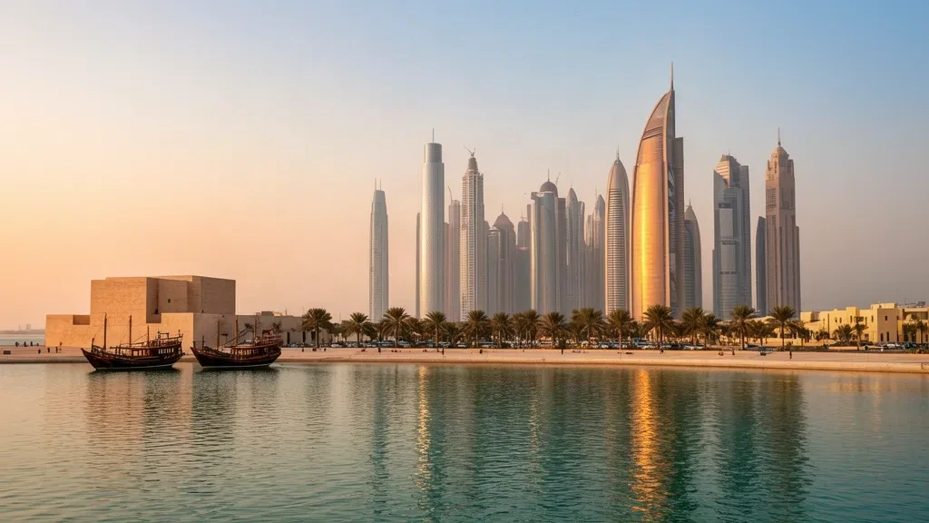 Doha skyline at golden hour seen from the Corniche, with West Bay towers, the Museum of Islamic Art and traditional dhow boats on the bay