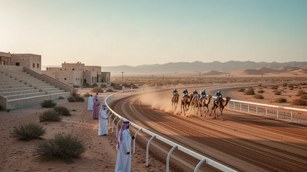 Cammelli che corrono lungo la pista nel deserto ad Al Shahaniya in Qatar durante l'ora d'oro, con i conduttori che osservano dalla ringhiera.