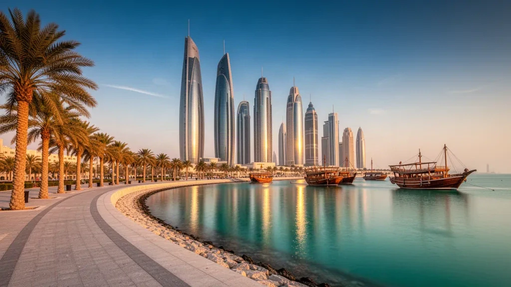 Uferpromenade Corniche in Doha zur goldenen Stunde mit traditionellen Dhaus und der Skyline von West Bay, die auf der anderen Seite der Bucht in Katar aufragt