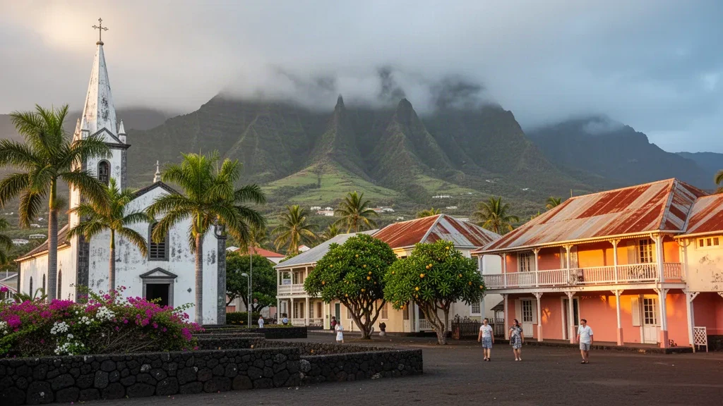 Sonnenbeschienene Ansicht der Kirche und des Stadtzentrums von Saint-Benoît auf der Insel Réunion mit üppig grünen Vulkangipfeln im Hintergrund