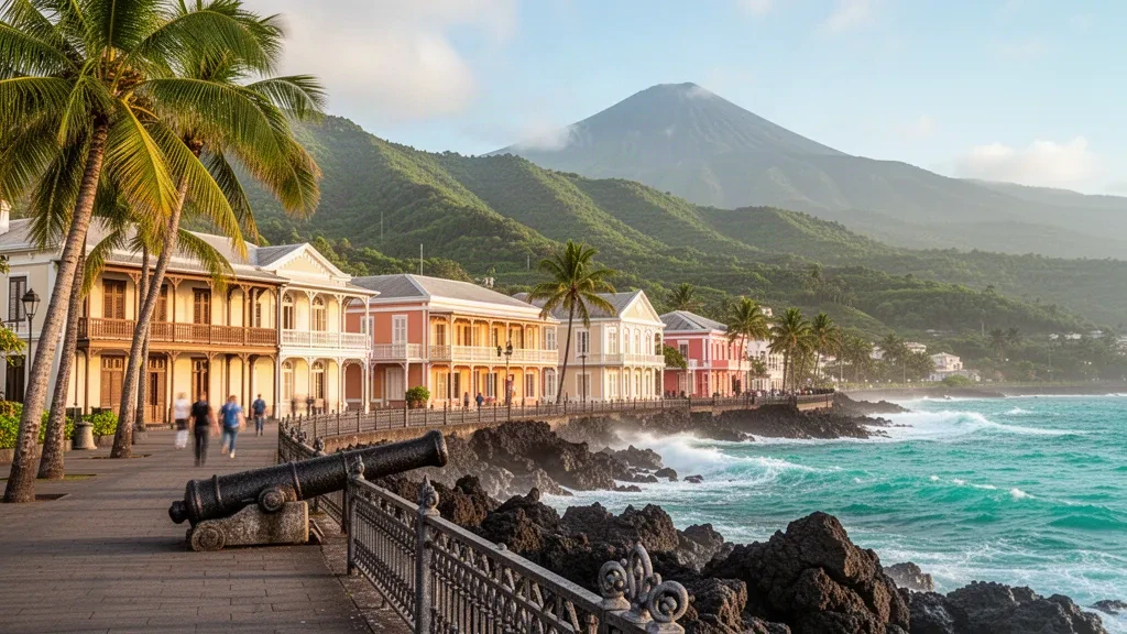 Saint-Denis, La Réunion : promenade du front de mer du Barachois bordée de palmiers, avec façades créoles et montagnes volcaniques verdoyantes en arrière-plan