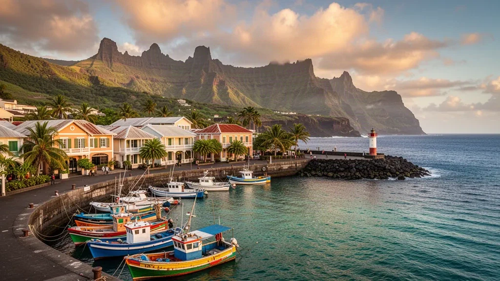 Golden hour view over Saint-Pierre, Réunion marina with colourful fishing boats, creole waterfront and lush volcanic peaks behind