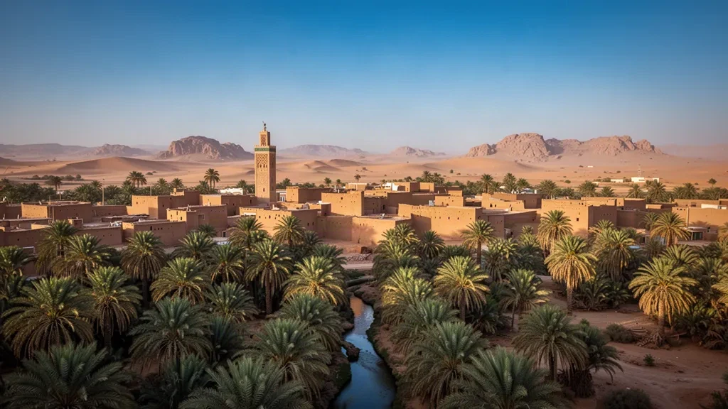 Blick zur goldenen Stunde über Ouarglas Lehmziegel-Altstadt, Minarett und Dattelpalmenoase in der algerischen Sahara