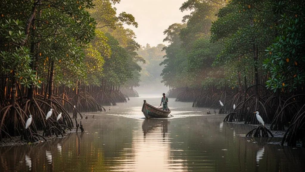 Bateau en bois traditionnel glissant dans les voies navigables brumeuses de la mangrove des Sundarbans au Bangladesh au lever du soleil