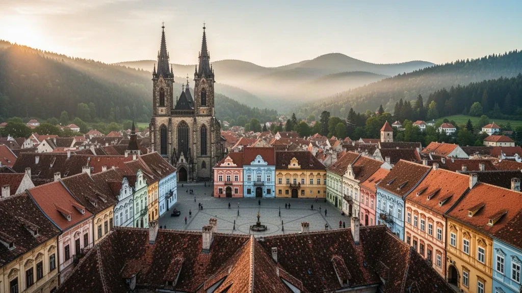 Veduta all'ora d'oro del centro storico di Brașov con le guglie della Chiesa Nera, Piazza del Consiglio e le colline boscose dei Carpazi in Transilvania, Romania