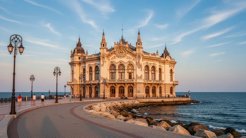 Historisches Casino von Constanța mit Blick auf die Promenade am Schwarzen Meer in Constanța, Rumänien, zur goldenen Stunde