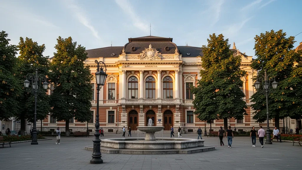 Craiova Art Museum palace in Mihai Viteazul Square, Dolj County, Romania, glowing in late golden-hour light among chestnut trees