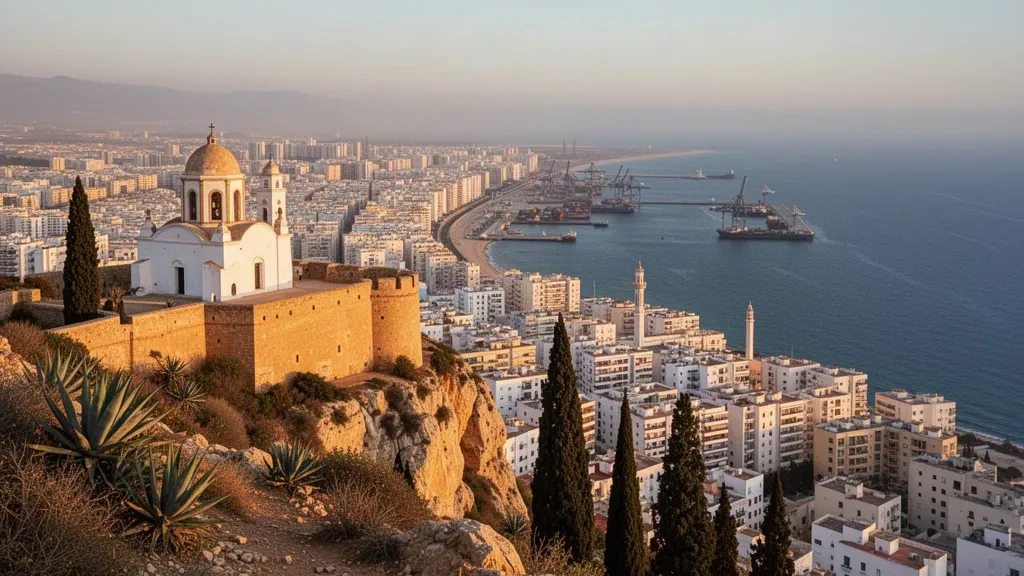 Santa Cruz Kalesi'nden Oran, Cezayir'in altın saat panoraması; beyaz şehir çatıları, Akdeniz koyu ve aşağıdaki liman