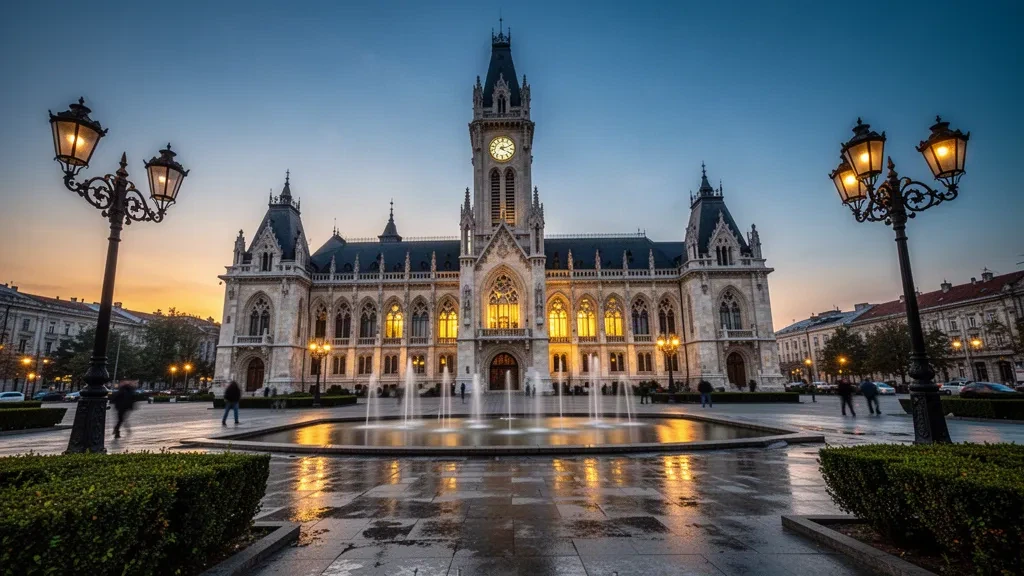 Palacio de la Cultura en Iași, Rumanía, iluminado al crepúsculo sobre la plaza de la ciudad