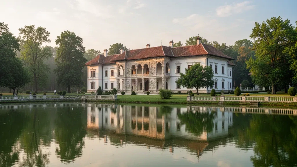 Schloss Mogoșoaia im Kreis Ilfov, Rumänien, seine weiße Brâncoveanu-Fassade spiegelt sich in der ruhigen Seeoberfläche zur goldenen Stunde