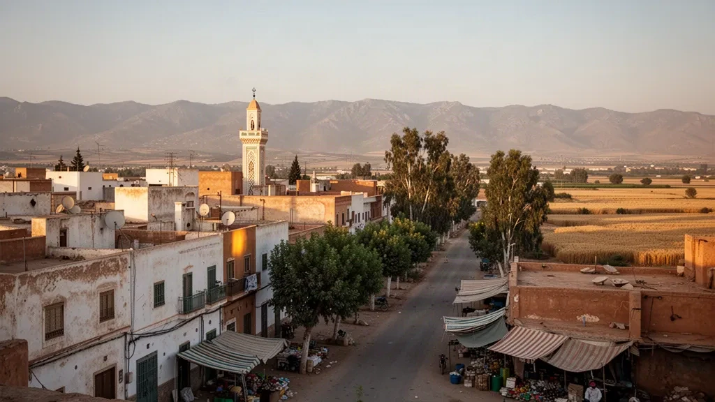 Vista durante la hora dorada sobre Oum El Bouaghi, Argelia, con edificios blancos de tejados planos, un alminar de mezquita y las montañas del Aurès al fondo