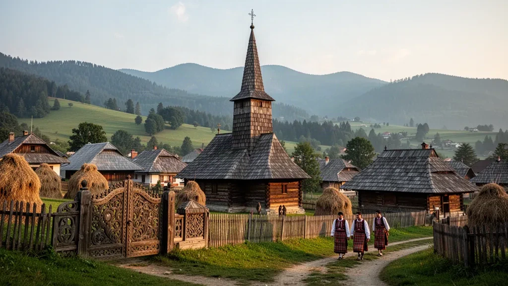 Turm einer traditionellen Holzkirche über einem Dorf in Maramureș in Rumänien, mit Heuhaufen und grünen Hügeln der Karpaten zur goldenen Stunde