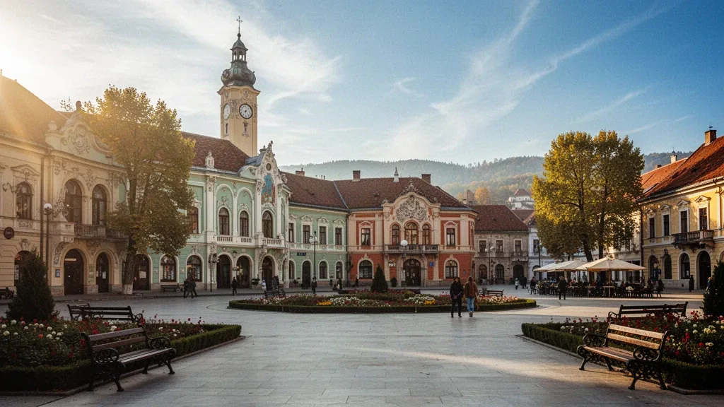 Romanya, Târgu Mureș'in merkez meydanı çevresindeki Art Nouveau cepheler ve saat kulesi, sıcak altın saat ışığında