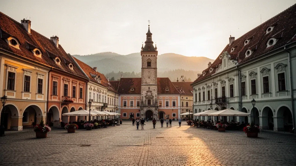 Goldene Stunde auf dem Piata Mare in Sibiu, mit dem Ratsturm und pastellfarbenen Barockfassaden dieser siebenbürgischen Altstadt in Rumänien