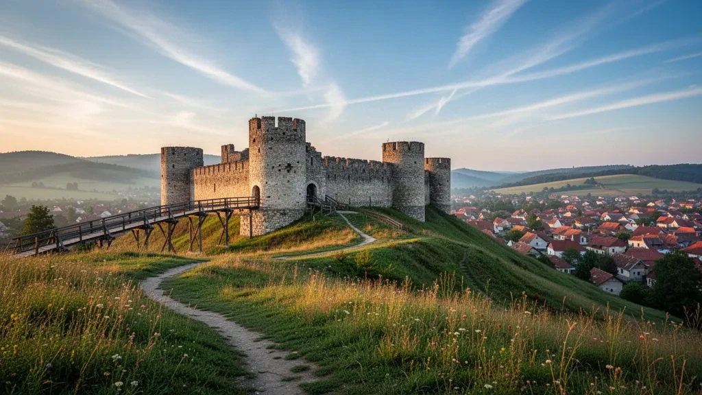 Mittelalterliche Steintürme der Fürstenzitadelle von Suceava auf einem grünen Hügel über der Bukowina-Landschaft in Rumänien zur goldenen Stunde