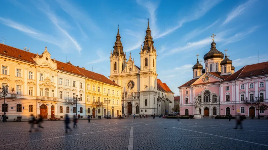 Vista durante la hora dorada de la Plaza de la Unión de Timișoara con edificios históricos de tonos pastel, la Catedral Católica y una plaza adoquinada en Rumanía.