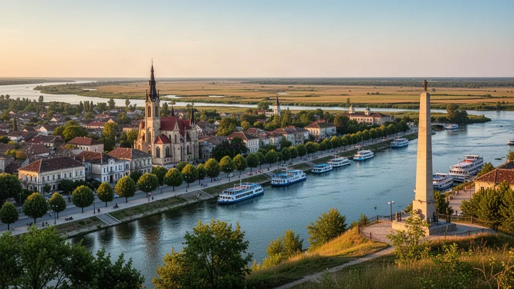 Stadtansicht von Tulcea in Rumänien zur goldenen Stunde mit Donau-Uferpromenade, Booten und St.-Nikolaus-Kathedrale