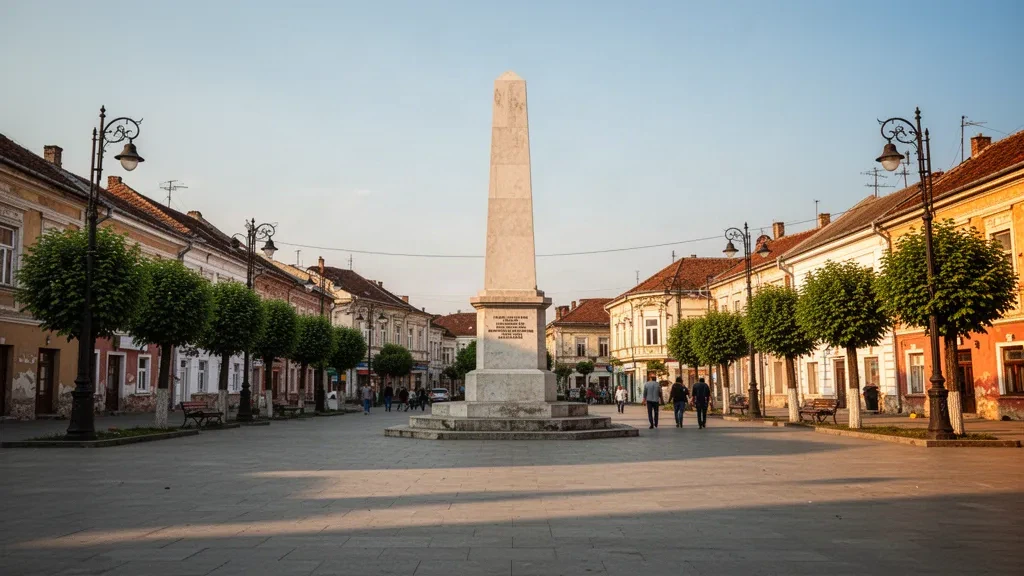 Unionsplatz und das Unionsdenkmal in Focșani, Kreis Vrancea, Rumänien, in warmem Licht des späten Nachmittags