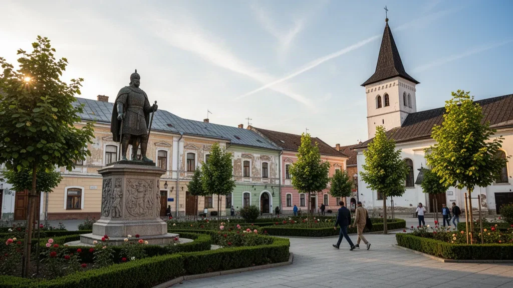 Monumento in bronzo e antico campanile nel centro storico di Vaslui, Romania, illuminati dalla calda luce del tardo pomeriggio