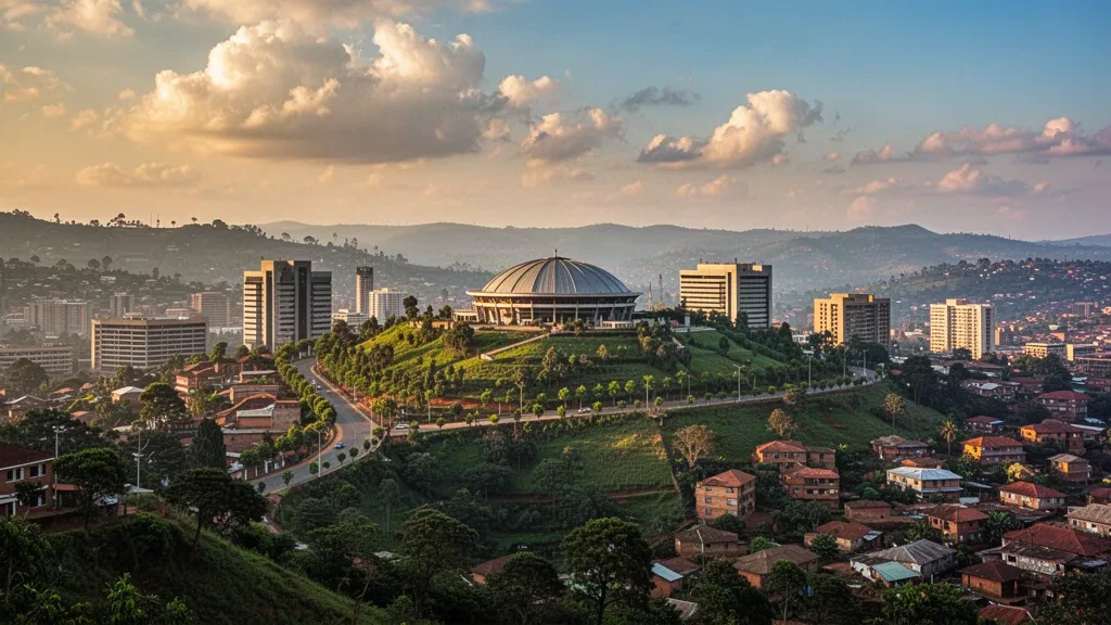 Golden-hour skyline of Kigali, Rwanda, with the domed Kigali Convention Centre rising above lush green hills