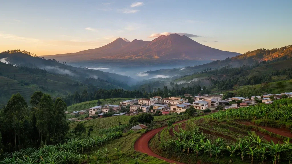 Picos volcánicos de Virunga elevándose sobre las verdes colinas y la ciudad de Musanze, en el norte de Ruanda, a la hora dorada