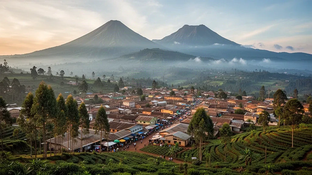 Ville de Musanze dans le nord du Rwanda avec les pics volcaniques des Virunga s'élevant derrière des collines verdoyantes à l'heure dorée