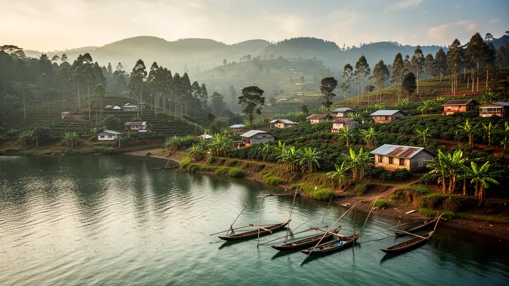 Des collines verdoyantes en terrasses rencontrent le lac Kivu à Kibuye, dans la province de l'Ouest du Rwanda, avec des bateaux de pêche en bois le long du rivage dans une lumière dorée.
