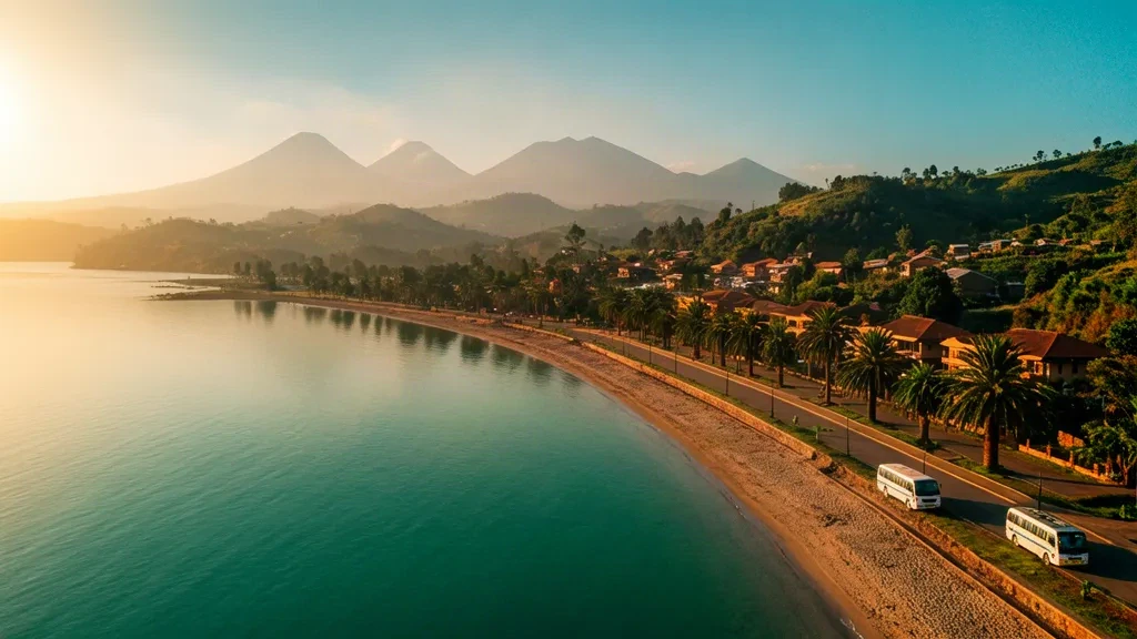 Veduta all'ora d'oro di Rubavu sulla riva del Lago Kivu con colline verdi e la catena vulcanica dei Virunga nella Provincia Occidentale del Ruanda