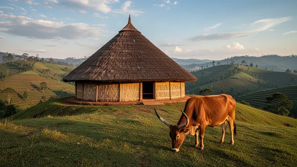 Palazzo reale tradizionale con tetto di paglia di Nyanza in Ruanda circondato da colline verdi e bovini dalle lunghe corna sotto la calda luce del pomeriggio.