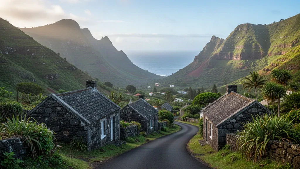 Levelwood, Saint Helena'da yumuşak Güney Atlantik sabah ışığı altında geleneksel taş evler ve yemyeşil tepeler.