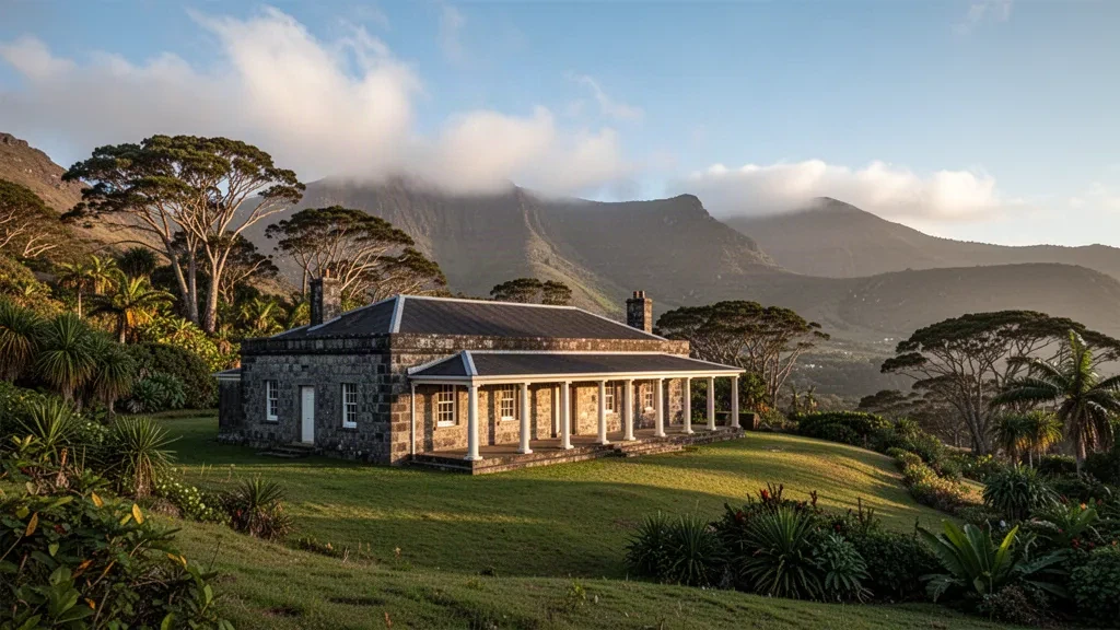 Historic Longwood House in Longwood, Saint Helena, surrounded by lush green island hills under soft Atlantic daylight.