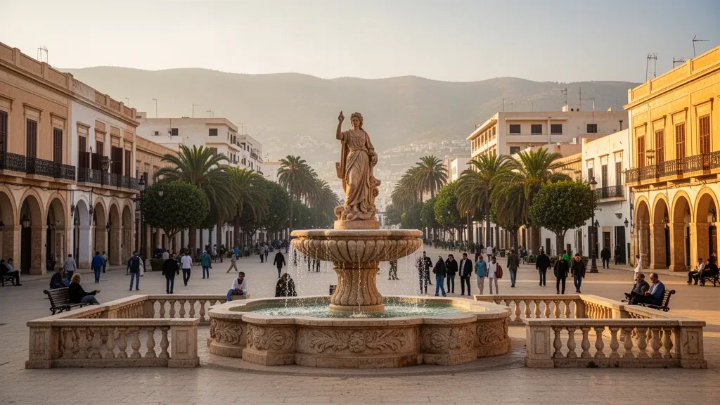 Aïn El Fouara fountain and colonial-era buildings in central Sétif, Algeria, in warm late-afternoon light