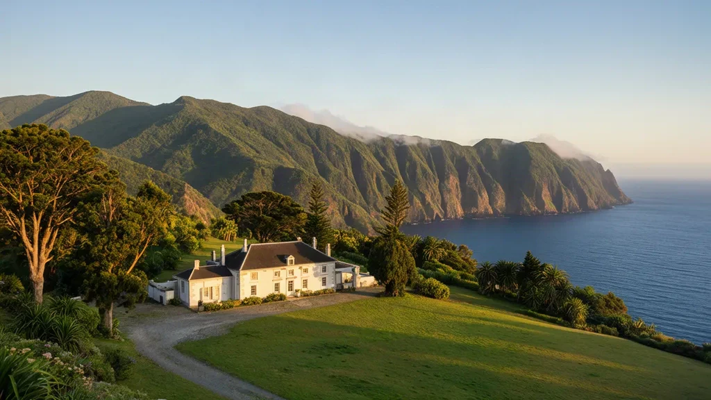 Longwood House e le verdi colline vulcaniche dell'isola di Saint Helena nel Sud Atlantico, catturate in una calda fotografia di viaggio durante l'ora d'oro