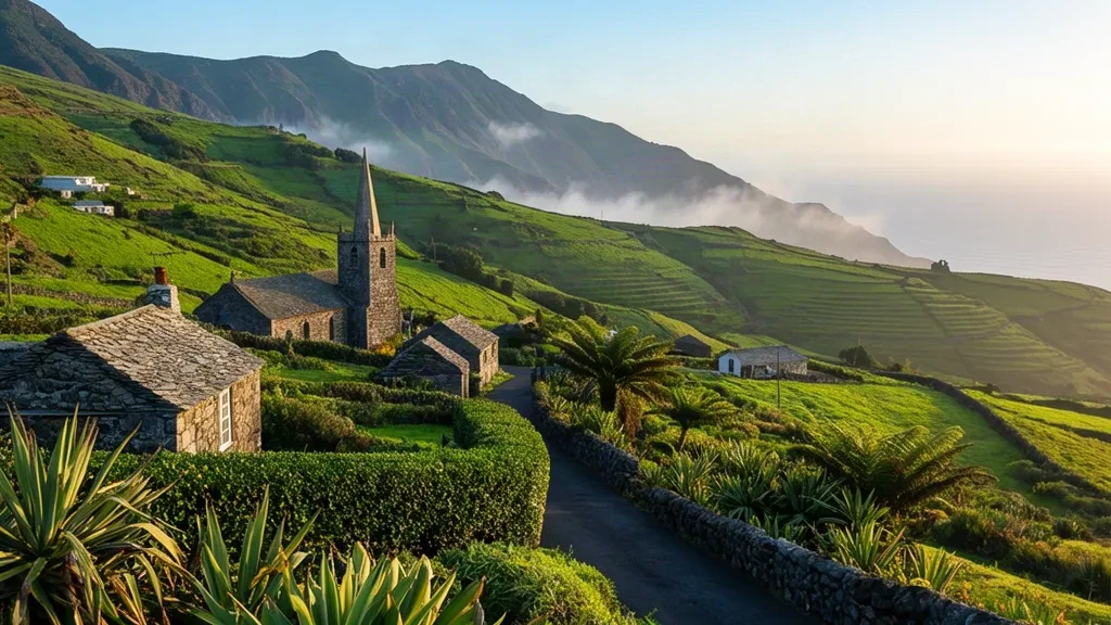 Steinerne Kirche und grüne Vulkane der Hügel des Dorfes Saint Paul's auf der Insel Saint Helena im Südatlantik