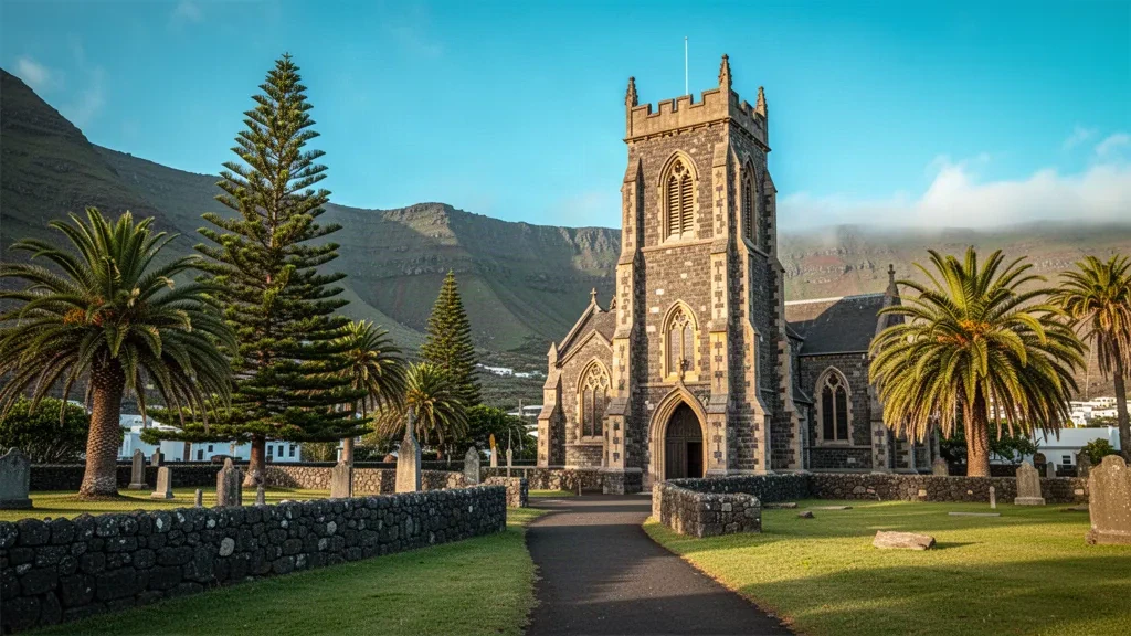 Cathédrale Saint-Paul sur l'île de Sainte-Hélène, sa tour en pierre encadrée de palmiers et de collines verdoyantes de l'Atlantique Sud dans une lumière chaude d'après-midi.