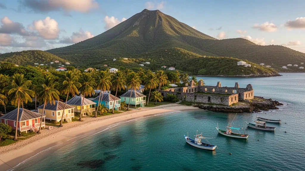 Malerischer Küstenblick auf Newcastle in Saint James Windward, Nevis, mit türkisfarbenem karibischem Wasser, palmengesäumtem Strand und üppig grünen Hügeln.