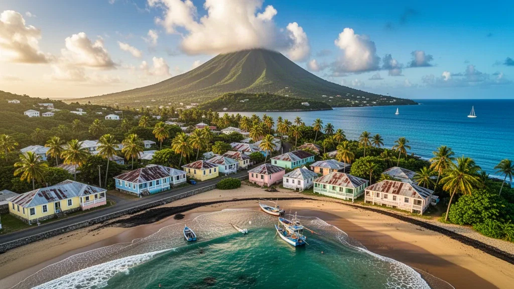 Villaggio costiero di Cotton Ground a Saint Thomas Lowland, Nevis, con il Nevis Peak che si erge dietro una spiaggia caraibica orlata di palme