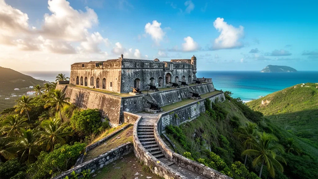 Steinmauern des Brimstone Hill Fortress mit Blick auf das türkisfarbene Karibische Meer in Saint Thomas Middle Island, Saint Kitts