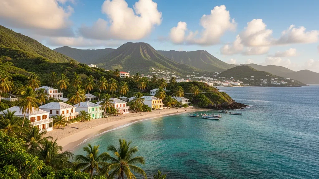 Bahía turquesa y orilla bordeada de palmeras de Saint Peter Basseterre, Saint Kitts, con colinas verdes y casas antillanas bajo un cielo tropical
