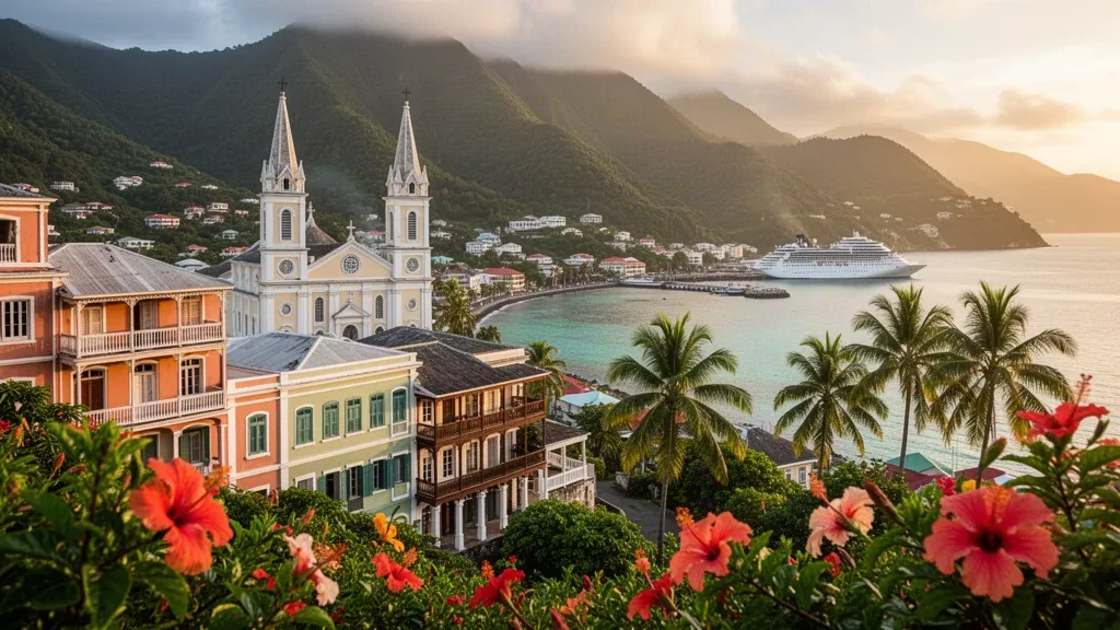 Elevated golden-hour view over Castries, Saint Lucia, with the Immaculate Conception cathedral, pastel harbour buildings and lush green hills