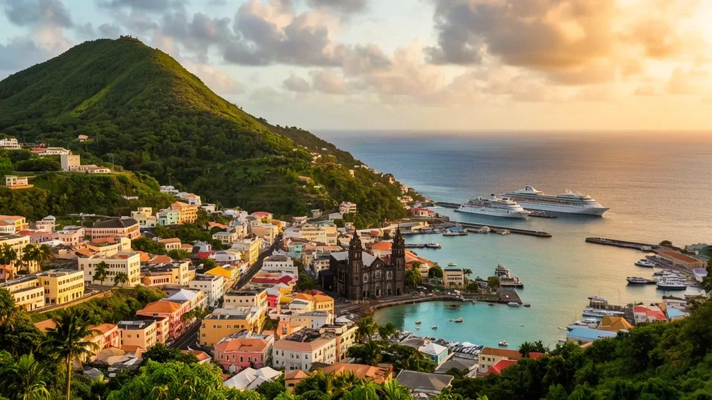 Porto e skyline della città di Castries, Saint Lucia, durante l'ora d'oro, con la Cattedrale dell'Immacolata Concezione e le lussureggianti colline caraibiche