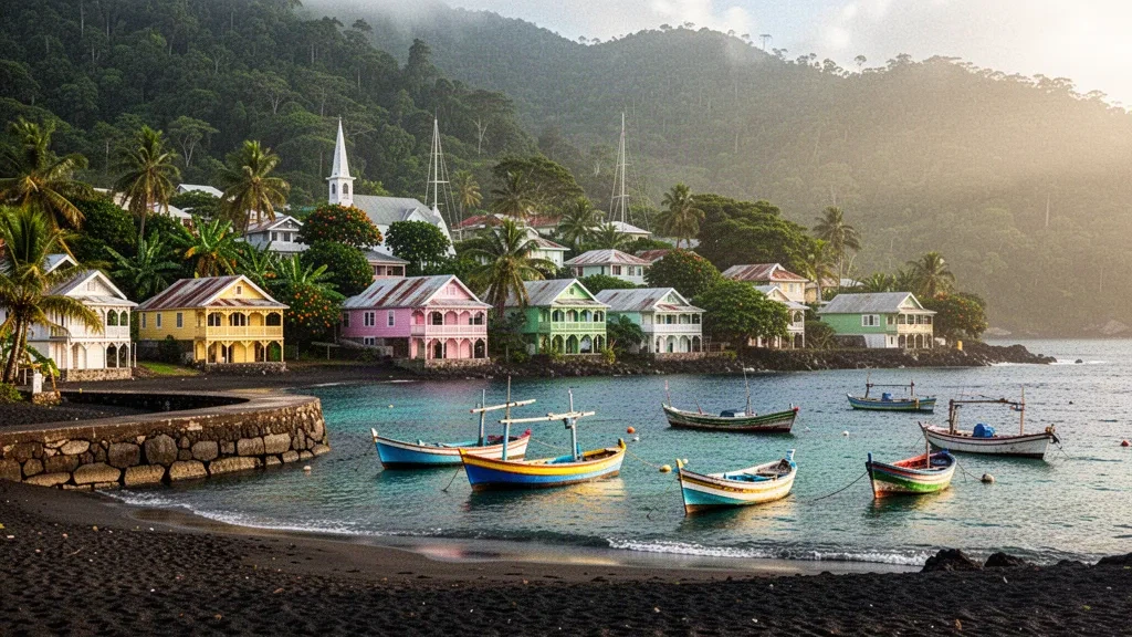 Fishing boats moored in Laborie Bay, Saint Lucia, with colourful Caribbean village houses and lush green hills in golden light