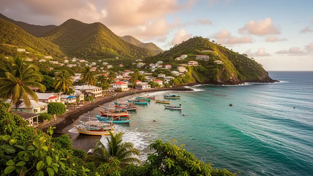 Vue panoramique de la baie et du village de Micoud à Sainte-Lucie, avec des bateaux de pêche colorés, des collines verdoyantes et la mer des Caraïbes.