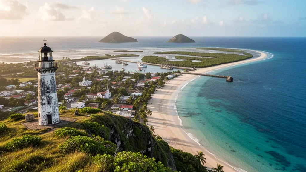 Elevated view over Vieux Fort, Saint Lucia, with the Moule a Chique lighthouse above the Caribbean coastline and town