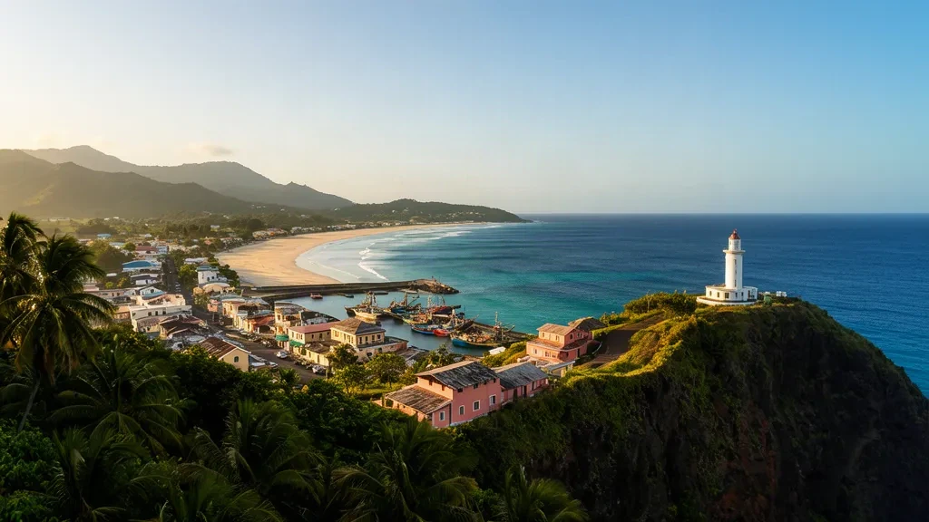Vista costera de Vieux Fort, Santa Lucía, a la hora dorada con el faro de Moule à Chique, bahía turquesa y puerto bordeado de palmeras